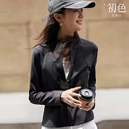 【初色】運動風簡約俐落純色弧線分割立領長袖德絨運動外套女外套-共2色-16791(M-2XL可選) XL 深麻灰