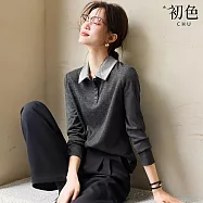 【初色】撞色翻領長袖單排釦拼接親膚上衣女上衣-深灰色-16797(M-2XL可選) L 深灰色