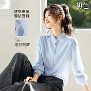 【初色】通勤風純色寬鬆木耳邊荷葉邊領口單排釦長袖襯衫上衣女上衣-共2色-16800(M-2XL可選) M 藍色