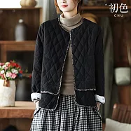 【初色】復古民族風保暖花布內襯包邊圓領長袖夾棉外套女外套-黑色-16761(M-3XL可選) XL 黑色