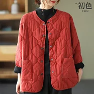 【初色】簡約純色口袋圓領釦子寬鬆薄款夾棉長袖外套女外套-共4色-16796(M-3XL可選) XL 桔紅色