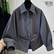 【初色】韓系通勤風純色褶皺收腰翻領單排釦長袖襯衫上衣女上衣-共2色-16702(M-2XL可選) M 灰色