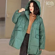 【初色】簡約寬鬆蓬鬆保暖防寒鴨絨拼接拉鍊式連帽立領插肩袖長袖羽絨衣外套女外套-共5色-16676(F可選) F 綠色