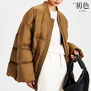 【初色】休閒風簡約保暖加厚純色雙向拉鍊棒球領長袖科技羽絨棉外套女外套-共2色-16682(M/L可選) M 卡其色