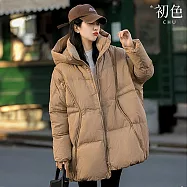 【初色】簡約純色拉鍊連帽長袖保暖禦寒中長款防風羽絨外套女外套-共4色-16674(M/L可選) M 卡其色