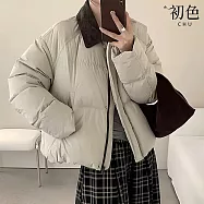 【初色】韓系拚色禦寒翻領長袖拉鍊雙口袋單排釦保暖羽絨外套女外套-共5色-16683(S/M可選) S 米白色