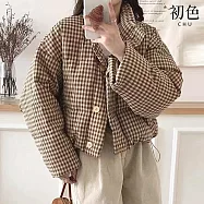【初色】復古小格紋寬鬆保暖防寒蓬鬆縮繩立領排扣長袖羽絨衣外套女外套-共2色-16687(S/M可選) S 卡其色