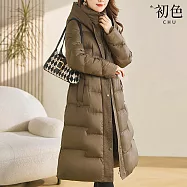 【初色】通勤風顯瘦保暖長款純色收腰系帶連帽長袖科技羽絨棉外套女外套-共3色-16675(M-3XL可選) 2XL 卡其色