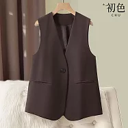 【初色】休閒通勤寬鬆通勤口袋排釦V領無袖馬甲女背心女外套-深咖色-16807(M-2XL可選) M 深咖色