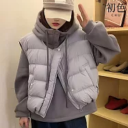 【初色】純色高領長袖抽繩連帽上衣女上衣+素色禦寒羽絨馬甲背心女背心套裝-共5色-16677(F可選) F 灰色