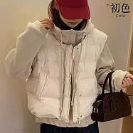 【初色】純色高領長袖抽繩連帽上衣女上衣+素色禦寒羽絨馬甲背心女背心套裝-共5色-16677(F可選) F 白色