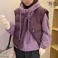 【初色】純色高領長袖抽繩連帽上衣女上衣+素色禦寒羽絨馬甲背心女背心套裝-共5色-16677(F可選) F 紫色