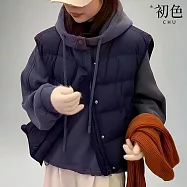 【初色】純色高領長袖抽繩連帽上衣女上衣+素色禦寒羽絨馬甲背心女背心套裝-共5色-16677(F可選) F 藏青色