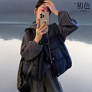 【初色】純色高領長袖抽繩連帽上衣女上衣+素色禦寒羽絨馬甲背心女背心套裝-共5色-16677(F可選) F 黑色