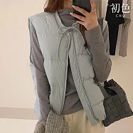 【初色】韓系甜美風顯瘦純色蝴蝶結立領厚款保暖鴨絨科技羽絨背心女背心-共4色-16679(S/M可選) S 藍色