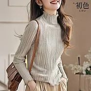 【初色】簡約純色木耳邊坑條修身半高領長袖打底衫針織上衣女上衣-共3色-39817(F可選) F 卡其色