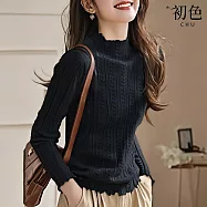 【初色】簡約純色木耳邊坑條修身半高領長袖打底衫針織上衣女上衣-共3色-39817(F可選) F 黑色