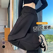 【MsMore】 加絨工裝褲天絲棉束腳闊腿兩穿高腰休閒運動褲# 126807 XL 黑色