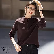 【初色】簡約純色鈕扣半開襟立領長袖衛衣上衣女上衣-紫紅色-16806(M-2XL可選) M 紫紅色