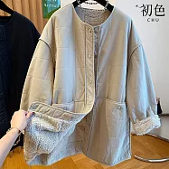 【初色】簡約純色寬鬆加絨保暖圓領排釦落肩長袖外套女外套-共3色-16739(L-2XL可選) L 淺豆綠