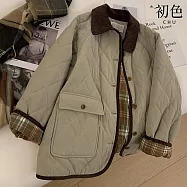 【初色】韓版復古拼接格紋大口袋寬鬆翻領排釦長袖棉服外套女外套-灰綠色-16727(L-2XL可選) L 灰綠色