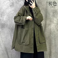 【初色】復古工裝純色寬鬆大口袋連帽排釦落肩長袖風衣外套女外套-共3色-16745(L-2XL可選) L 軍綠色