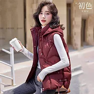 【初色】簡約純色百搭保暖羽絨馬甲背心女背心外套-5款任選-16588(M-3XL可選) L B.紅色