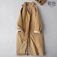 【初色】文藝風純色立領長袖排釦長款寬鬆防風夾棉風衣棉服外套女外套-共2色-16732(L-2XL可選) L 卡其色
