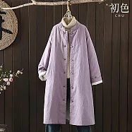 【初色】寬鬆保暖純色復古單排盤扣立領長袖棉麻風羽絨棉中長款大衣外套女外套-共3色-32386(M-2XL可選) M 紫色