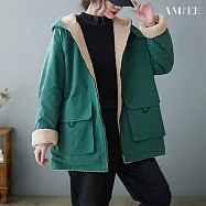 【AMIEE】連帽保暖兩面穿羊羔絨棉衣(KDCQ-9258) L 綠色