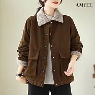 【AMIEE】羊羔毛翻領加絨保暖外套(KDCQ-9356) M 咖啡色