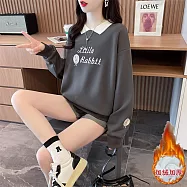 【MsMore】 仿棉貝貝絨字母刺繡連帽加絨T短上衣# 126851 2XL 灰色