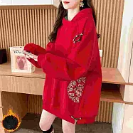 【MsMore】 華棉超柔本命年國風加絨刺繡紅色帽T上衣# 126856 L 紅色