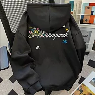 【MsMore】 大碼加絨T情侶男女寬鬆刺繡花保暖上衣 126895 M 黑色