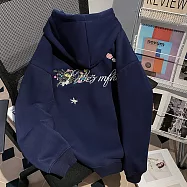 【MsMore】 大碼加絨T情侶男女寬鬆刺繡花保暖上衣 126895 L 藏青色