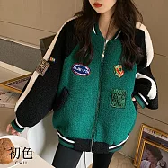 【初色】美式街頭撞色羊羔絨寬鬆加厚口袋棒球飛行員長袖外套女外套-共2色-39930(M-3XL可選) M 綠色