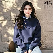 【初色】韓系拼接木耳邊領寬鬆長袖排釦T恤上衣女上衣-藏青色-16881(M-2XL可選) M 藏青色