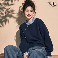 【初色】韓系撞色木耳領寬鬆紐釦長袖上衣女上衣-藏青色-16882(M-2XL可選) M 藏青色