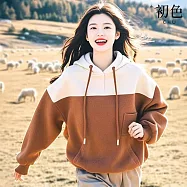 【初色】復古撞色拼接寬鬆抽繩連帽落肩長袖帽T上衣女上衣-白咖色-16883(M-2XL可選) XL 白咖色