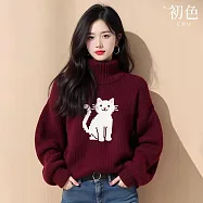 【初色】簡約純色高領童趣小貓長袖針織毛衣上衣女上衣-紅色-16948(F可選) F 紅色