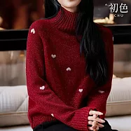 【初色】簡約撞色閃亮長袖高領愛心印花針織衫上衣女上衣-紅色-16985(F可選) F 紅色