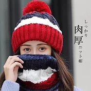 日本 BEAUTYJAPAN 羊毛加絨加厚抗寒保暖編織毛帽針織帽二件套組 BJ2163 紅藍混色