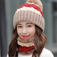 日本 BEAUTYJAPAN 羊毛加絨加厚抗寒保暖編織毛帽針織帽二件套組 BJ2163 卡其紅混色