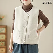 【AMIEE】簡約百搭羊羔絨馬甲(KDTQ-6257) M 米白色