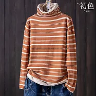【初色】休閒風假兩件顯瘦條紋高領長袖打底T恤上衣女上衣-共4色-16818(M-4XL可選) M 桔色
