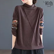 【初色】日系純色拼接印花貼布半高領長袖德絨T恤上衣女上衣-共3色-16822(M-3XL可選) M 咖啡色