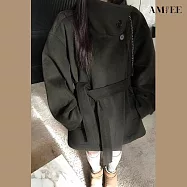 【AMIEE】法式復古立領中長版毛呢外套(KDCQ-9838) XL 暗綠