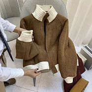 【MsMore】 美拉德咖色立領拼接拉鍊外套夾克# 127012 L 咖色