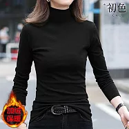 【初色】韓版修身純色百搭半高領長袖加絨保暖T恤上衣女上衣-共6色-39464(M-4XL可選) M 黑色