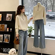 【初色】慵懶風簡約純色排釦高領長袖保暖寬鬆針織衫上衣女上衣-共3色-17464(F可選) FREE 米白色